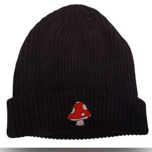 Winter Hat with Embroidered Mushroom Patch